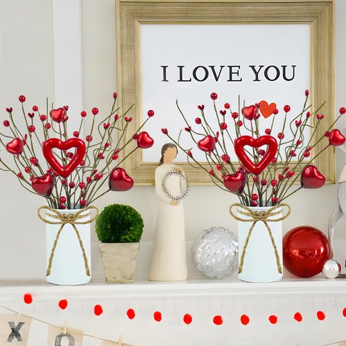 Caplidou 2 Pcs Valentines Day Decorations, Valentines Day Centerpiece for Table Artificial Heart Berry Stems Picks with Vase Floral Arrangement for Mantel Party Wedding Anniversary Home Office