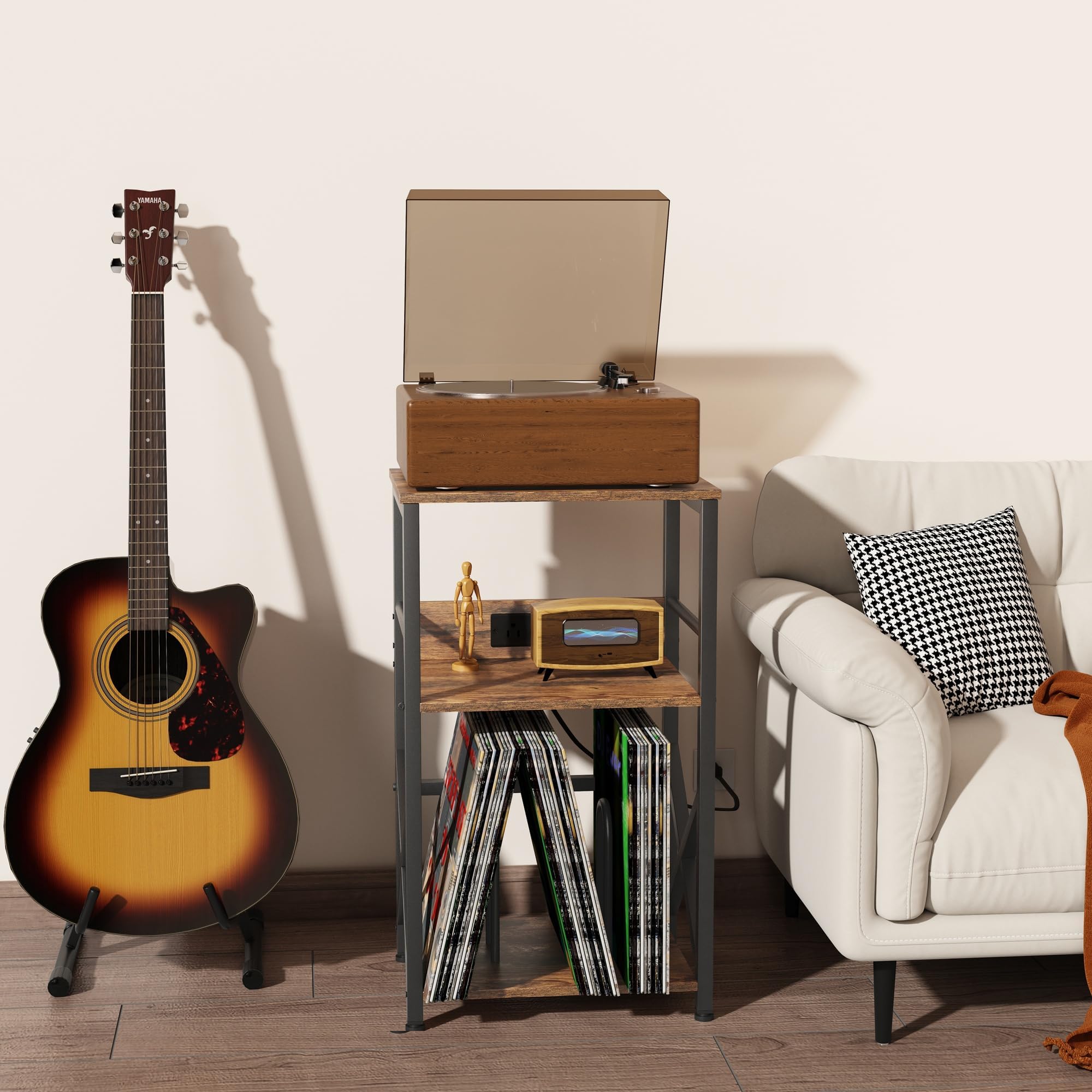 DALEMHOME Record Player Stand with Charging Station, 3-Tier Side Table for 100 Vinyl Storage, End Table for Living Room, Bedroom, Rustic Brown HKET1001BR