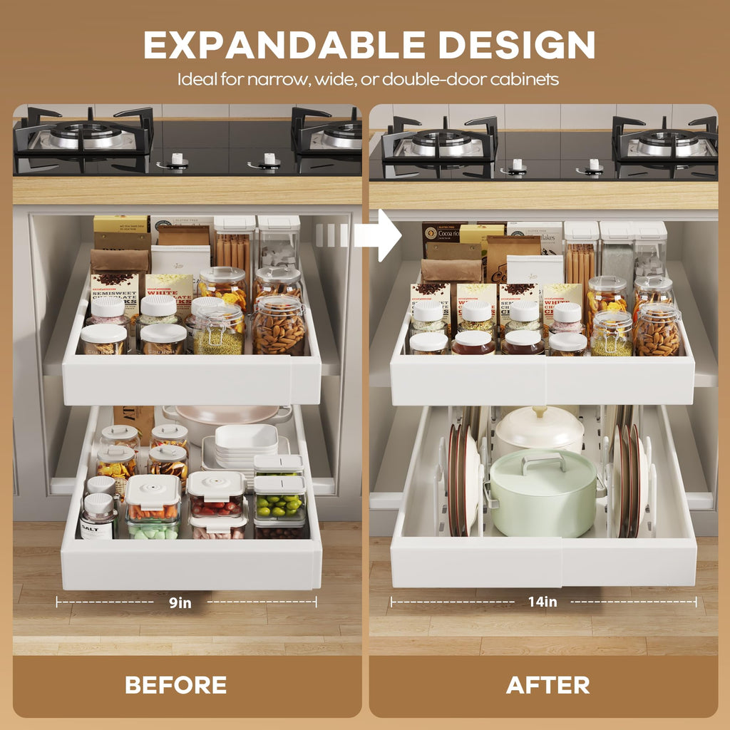 Seinloes 2 Pack Pull out Cabinet Organizer 21" Deep With Raising Pad for Framed Cabinets, Expandable Slide out Drawers for Kitchen Cabinets with 4pcs Divider Racks, Roll out Shelves 9"-14" W White