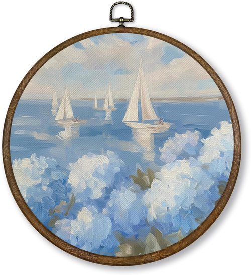 **Qskjre Coastal Hydrangea Sailboat Wall Art - Nautical Blue Floral Canvas Decor | 10x10 Inch Framed Print**