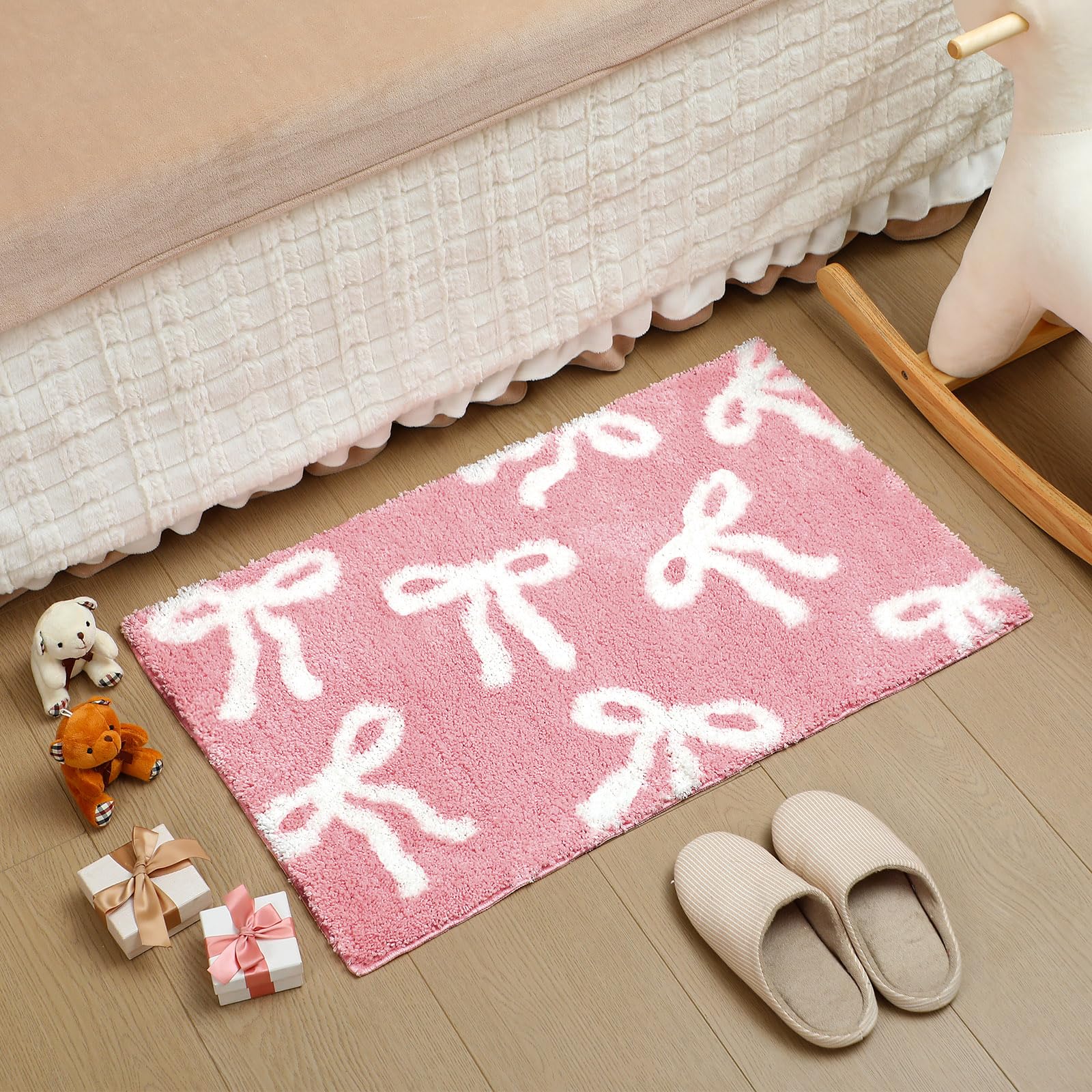 Tinideya Pink Bow Bathroom Rug 20 x 32 Inch Coquette Cute Bath Mat for Bathroom Non Slip Absorbent Bow Bath Mat for College Dorm Vanity Shower Bedroom Kitchen Bedroom Decor Valentine's Day Gifts