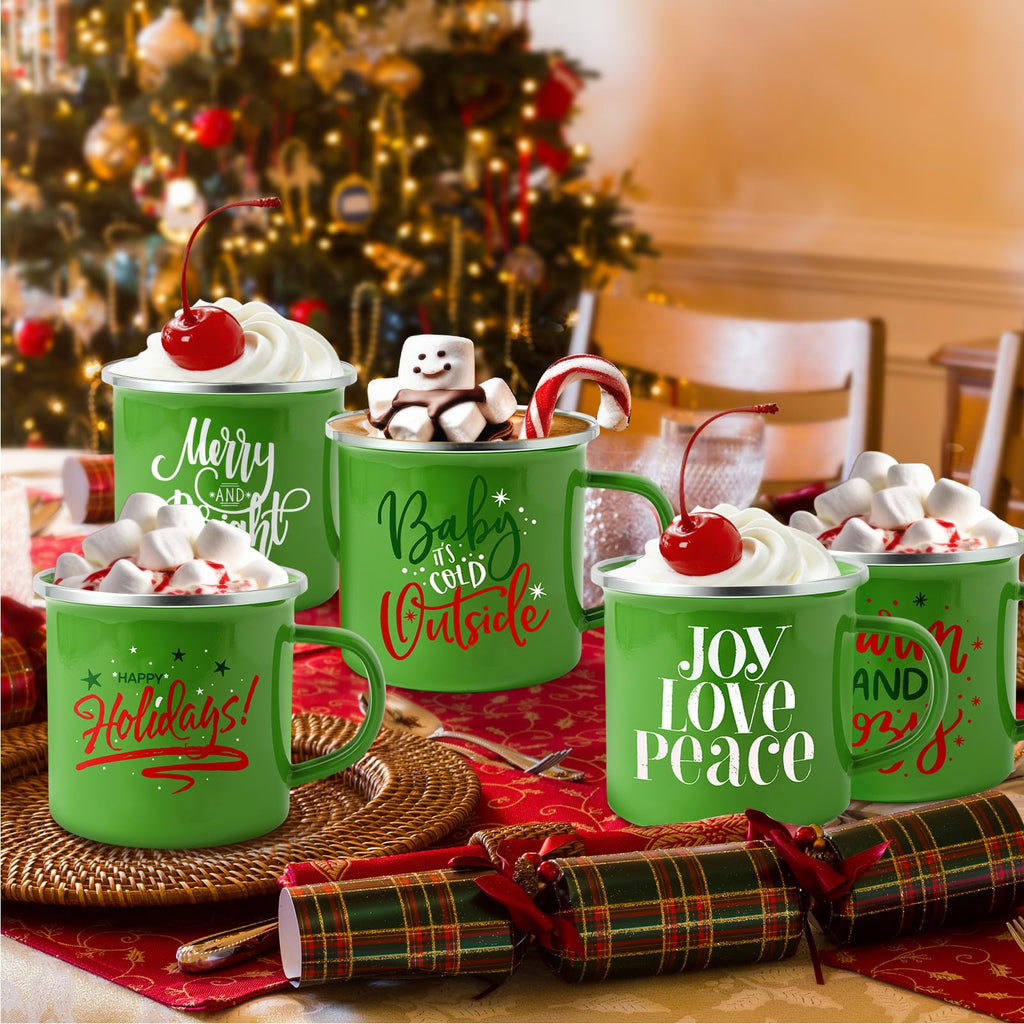 Uiifan 20 Pcs Christmas Enamel Mugs Bulk Cute 12 oz Galvanized Steel Festive Funny Novelty Coffee Cup Merry Christmas Mug Gift Set for Women Coworkers Teachers Hot Chocolate Tea (White Green)