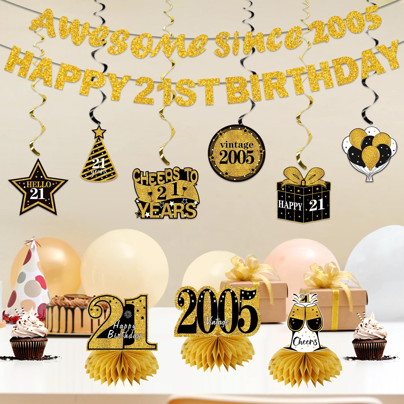 Kuxriox 11Pcs 21st Birthday Decorations Kit for Men Women, Black Gold Happy 21st Birthday Banner, Awesome Since 2005 Centerpieces Swirls Party Supplies, 21 Bday Banner Ceiling Table Topper Sign