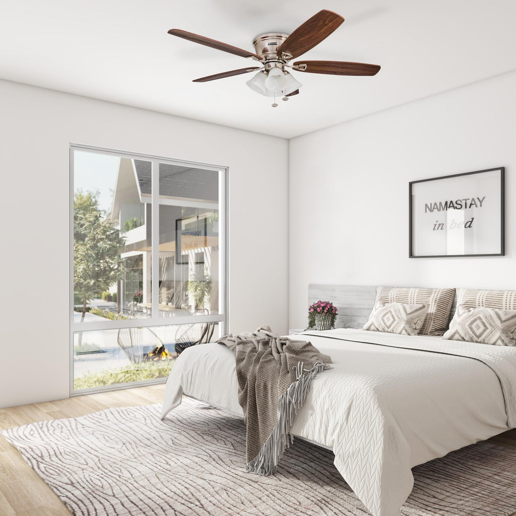 Honeywell Ceiling Fans Glen Alden, 52 Inch Classic Flush Mount Indoor LED Ceiling Fan with Light, Pull Chain, Quick-2-Hang Dual Finish Blades, Reversible Motor - 50182 (Brushed Nickel)