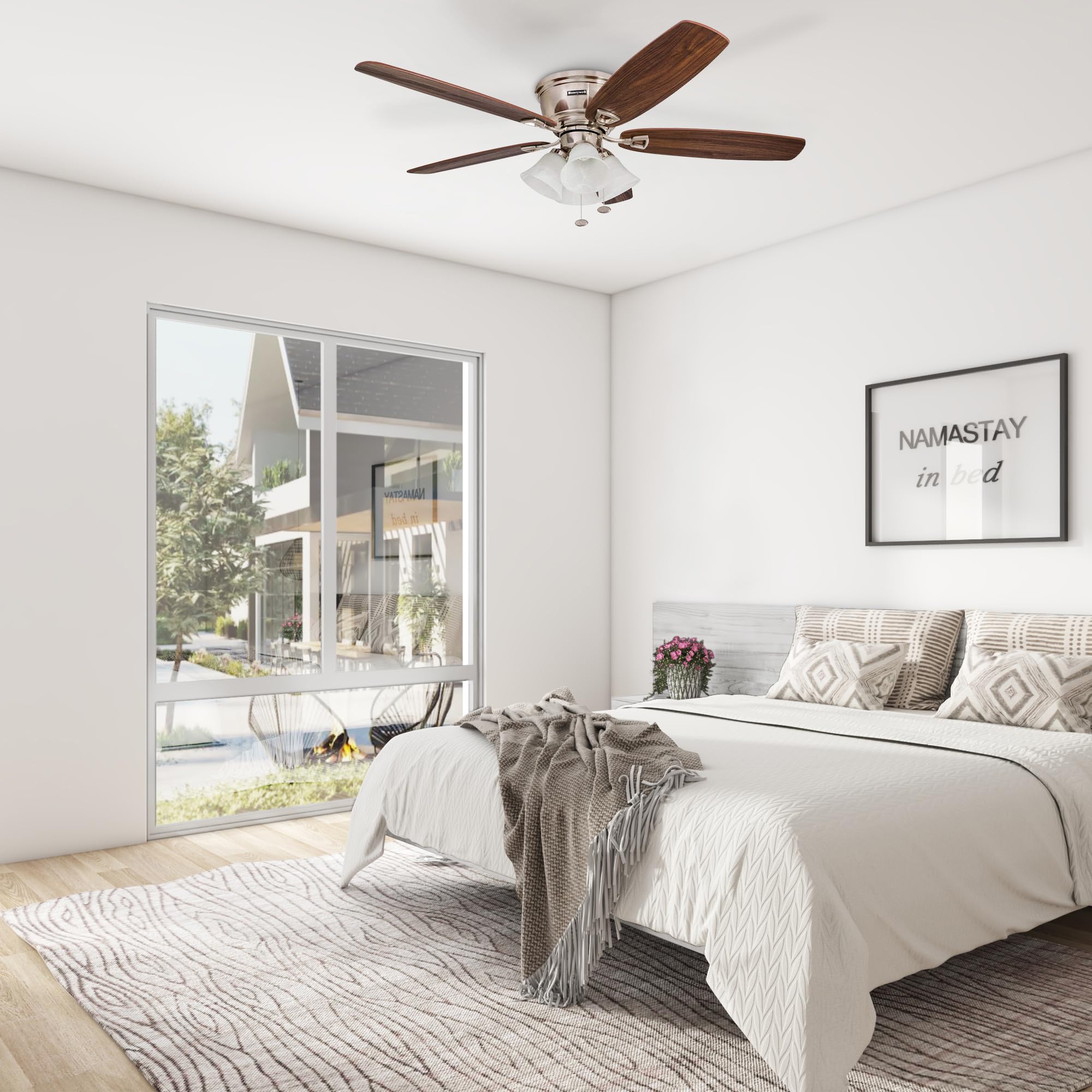 Honeywell Ceiling Fans Glen Alden, 52 Inch Classic Flush Mount Indoor LED Ceiling Fan with Light, Pull Chain, Quick-2-Hang Dual Finish Blades, Reversible Motor - 50182 (Brushed Nickel)