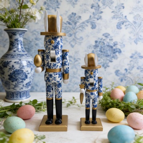 Weysat 2 Pcs Easter Nutcracker Figure Blue and White Bunny Wooden Nutcracker Figure Chinoiserie Easte Ornament for Festival Party Gift Shelf Table Desktop Fireplace Decor 10inch, 15inch