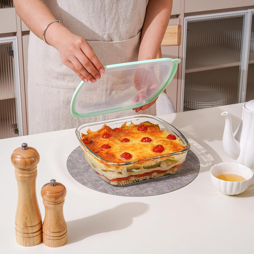 NUTRIUPS 9 x 9 Glass Baking Dish with Lid - Large 2.75QT Deep Oven Pan in Green (2.6L)