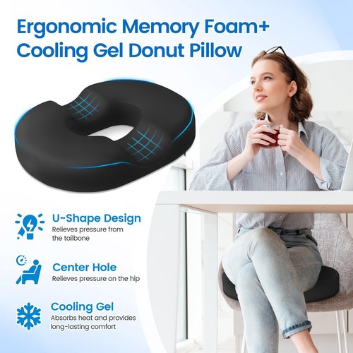 Donut Pillow Seat Cushion - Cooling Gel Stadium Seat Cushion, Memory Foam Chair Cushion for Office and Home, Car Seat Cushion, Hemorrhoids Pillow, Sciatica and Tailbone Pain Relief, Black