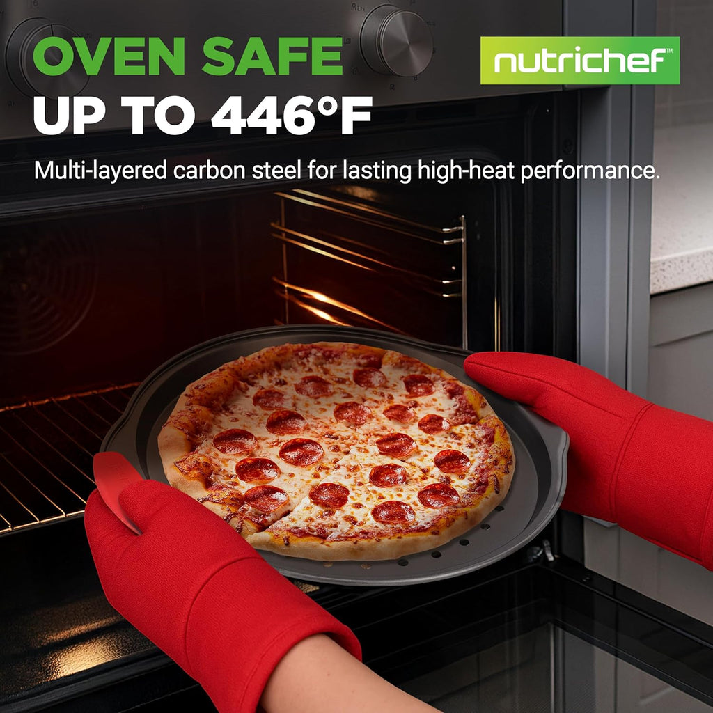 NutriChef 13-Inch Nonstick Pizza Tray | Round Carbon Steel Pan with Perforated Holes & Silicone Grip Handles