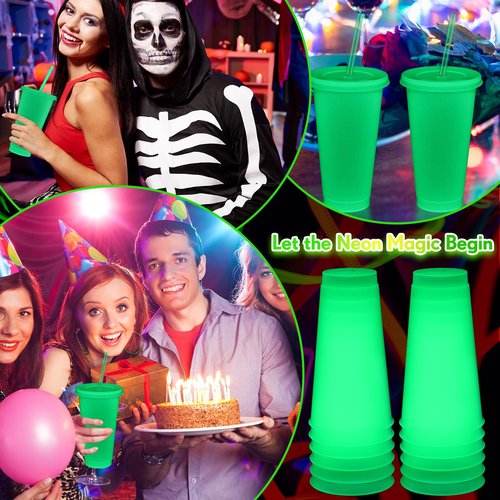 Honeydak 60 Pack 24 oz Glow in The Dark Cups Gift Bulk Light up Neon Plastic Tumbler with Straw and Lid Glow in The Dark Party Supplies Water Bottle Iced Coffee Mug Reusable(Fluorescent Green)