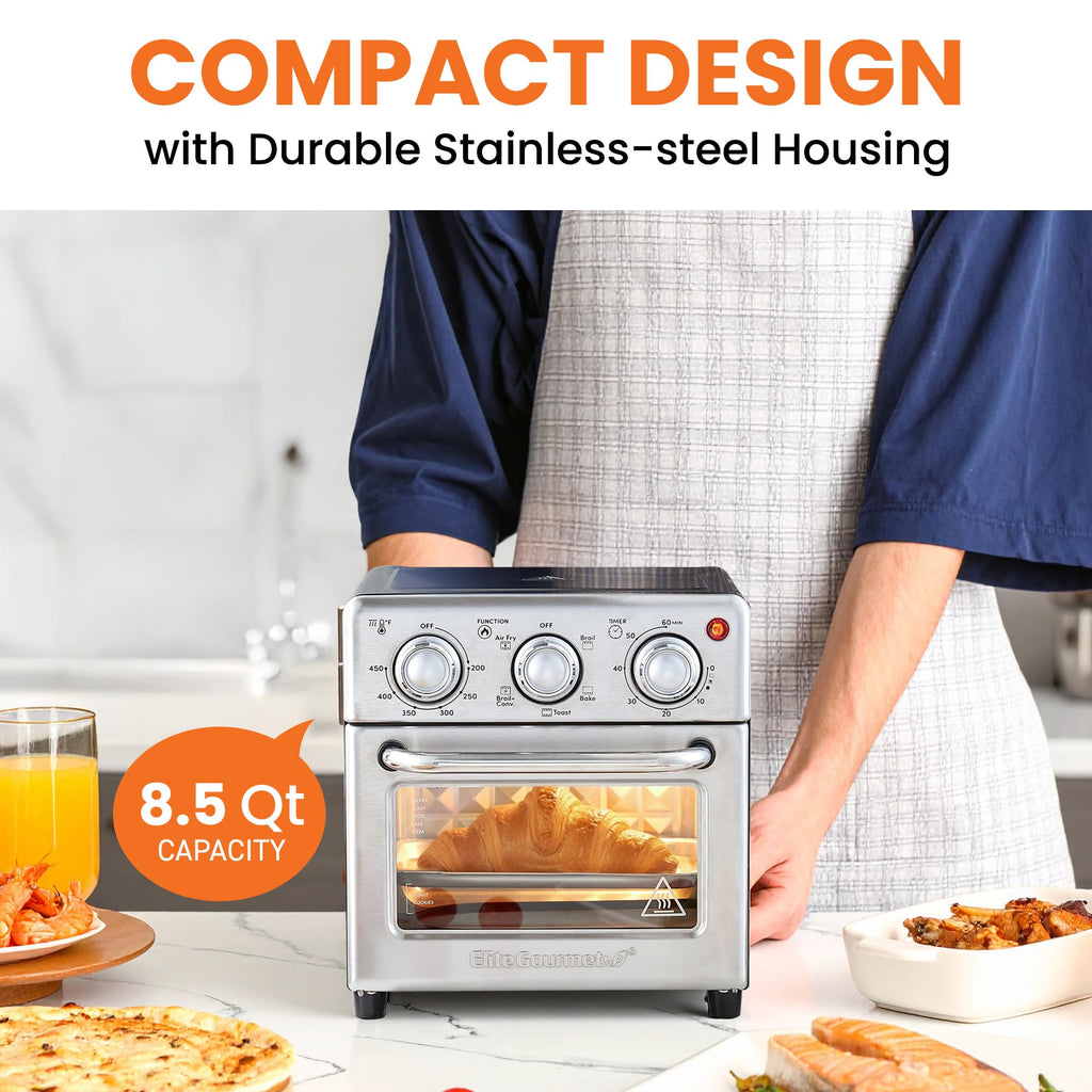 Elite Gourmet Compact 8.5Qt Air Fryer Oven – Mini Countertop Air Fryer with Adjustable Time & Temperature Controls, 800W, Includes Air Fry Basket, Bake Pan & Recipes, Stainless Steel