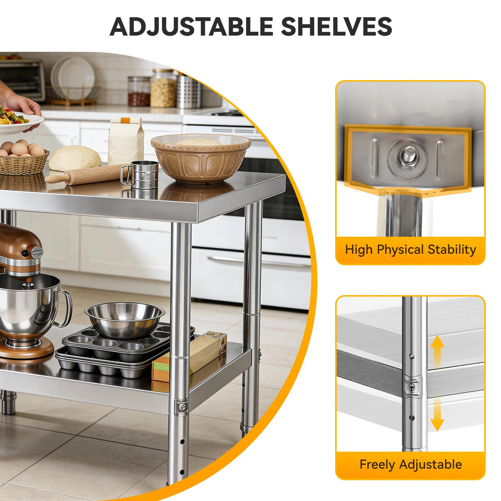 DWVO 30x24in Stainless Steel Table, NSF Metal Prep Worktable with Adjustable Shelf for Kitchen Restaurant Hotel Garage Warehouse Home