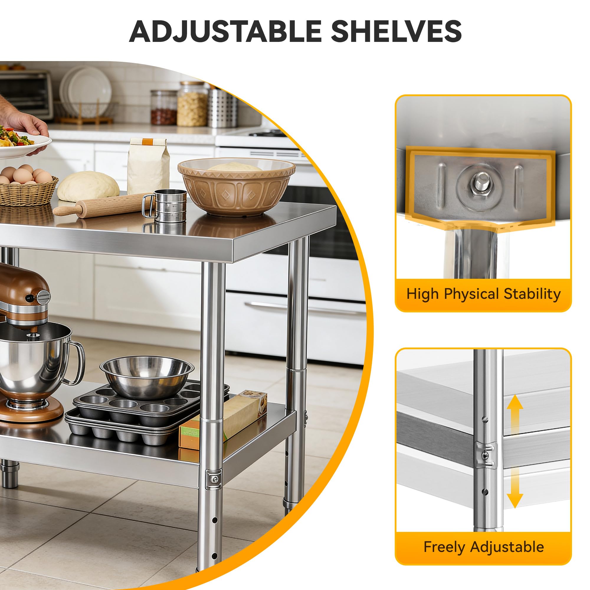 DWVO 30x24in Stainless Steel Table, NSF Metal Prep Worktable with Adjustable Shelf for Kitchen Restaurant Hotel Garage Warehouse Home