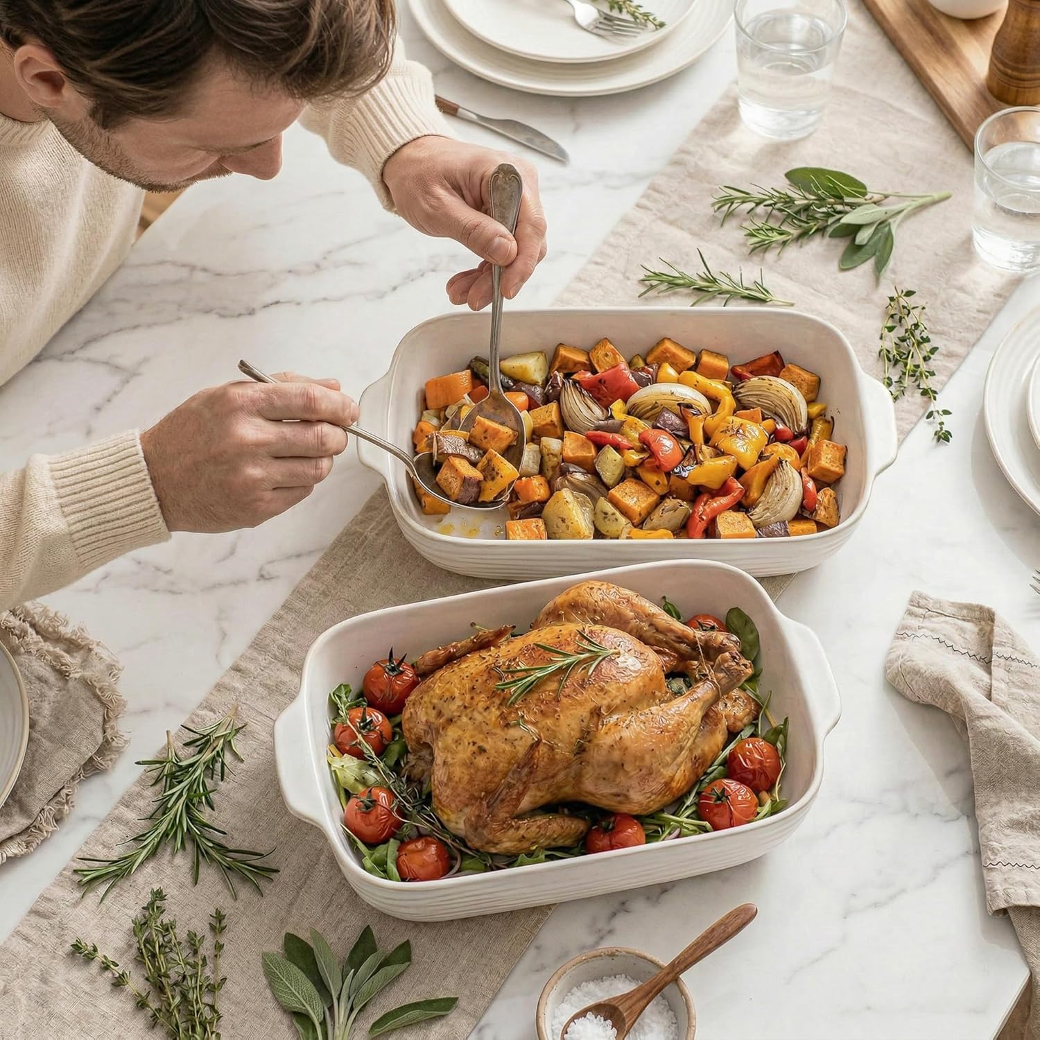 Regine Switzerland Baking Dish Set - Ceramic Casserole Dishes for Oven | 3-Piece Rectangular Bakeware in Arctic White