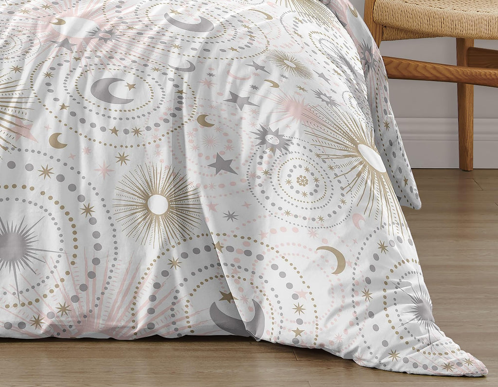 Sweet Jojo Designs Blush Pink, Gold, Grey and White Star and Moon Celestial Girl Full/Queen Kid Childrens Bedding Comforter Set 3 Pieces