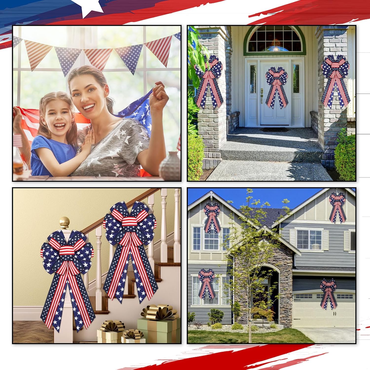 Riceshoot Patriotic Bows - USA Red, White & Blue Star Burlap Tree Topper | 4th of July Decoration (2 Pcs)