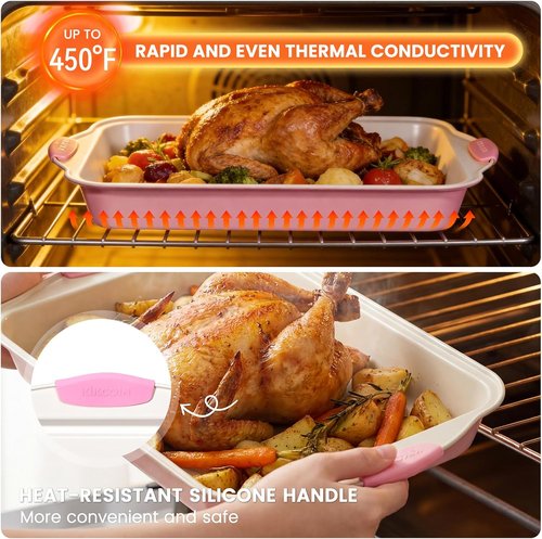 Kikcoin Nonstick Baking Pans Set - 22 PCS Stackable Bakeware with Silicone Handles | 450°F Oven Safe, Pink