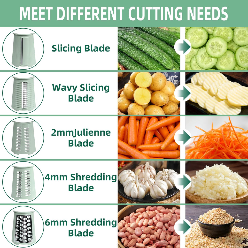 Rotary Cheese Grater with Handle, Vegetable Shredder with 5 Replaceable Blades & Strong Suction Base, Round Food Slicer & Chopper for Kitchen Fruit Vegetables Nuts with Blade Storage Box (Green)