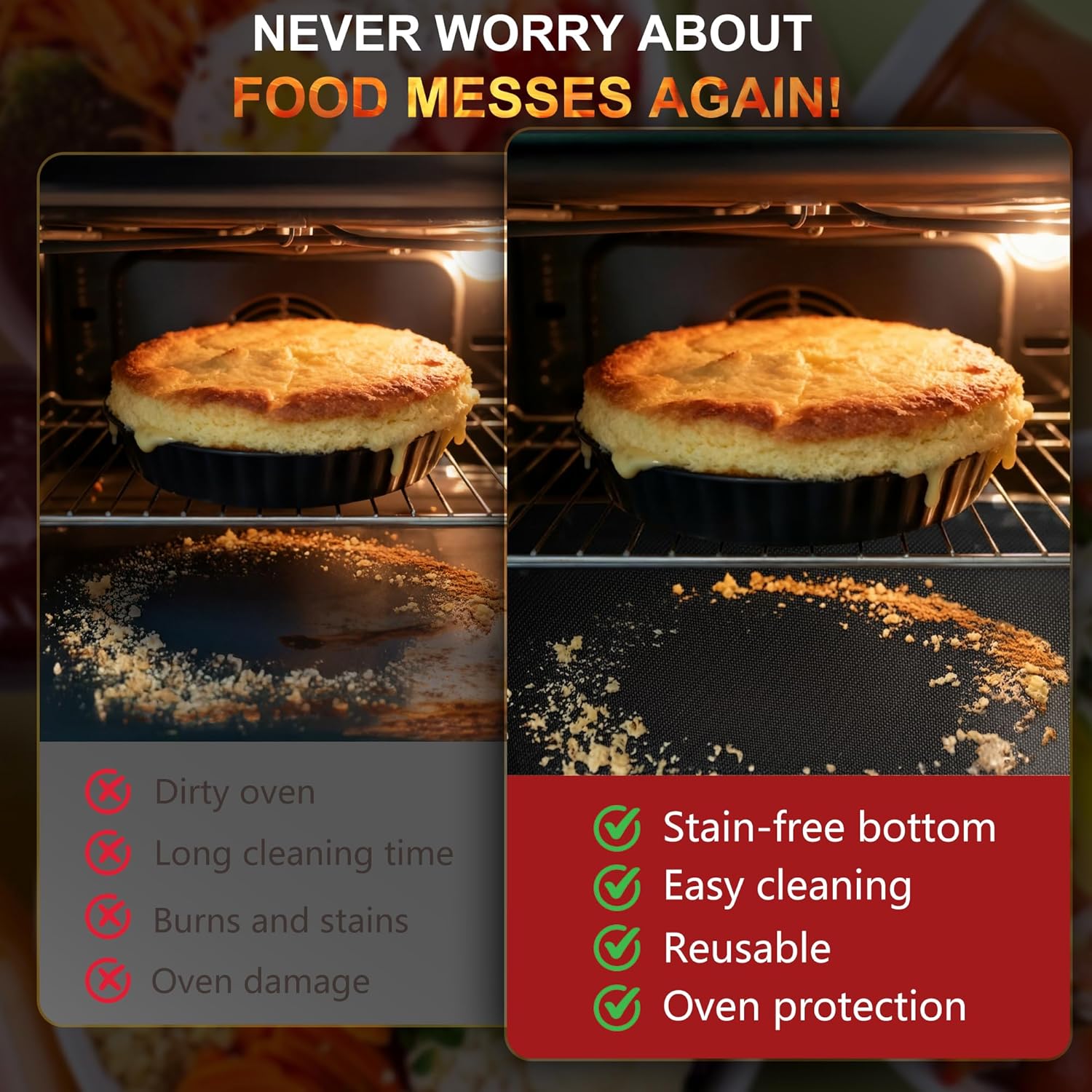 Skiennix Oven Liners - Heavy Duty Non-Stick Reusable Mats | 17"x25" BPA/PFOA Free for All Ovens (Black)