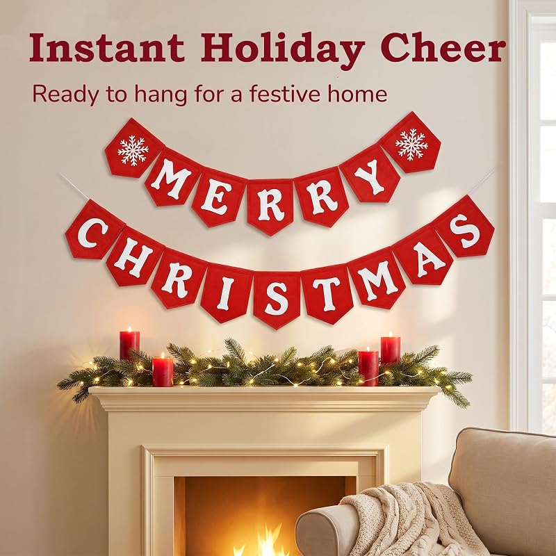 Merry Christmas Banner - Red White Felt Indoor Wall Sign, Ready-to-Hang (Variation: Red White)