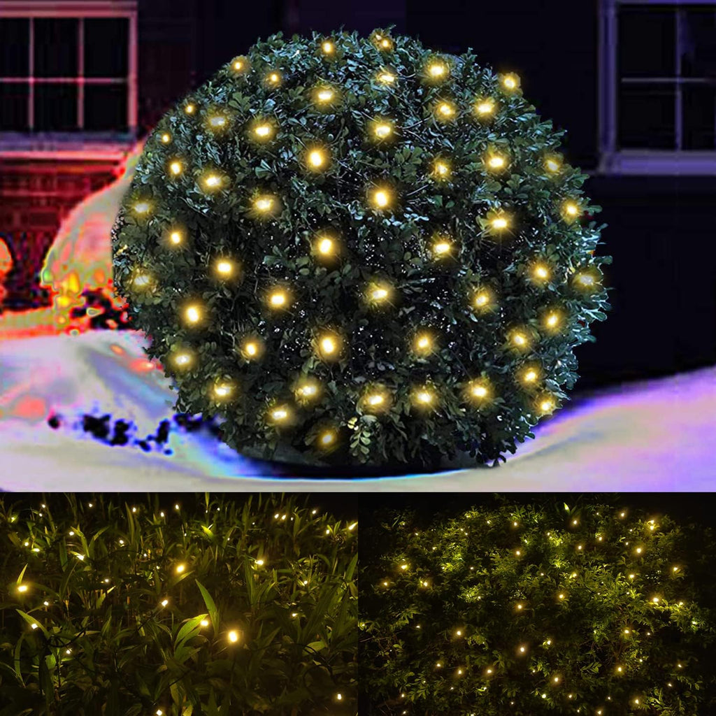 Skiennix LED Christmas Net Lights - 100 LED Warm White Outdoor Decorations | 5ft x 5ft Green Wire Mesh for Bushes & Trees