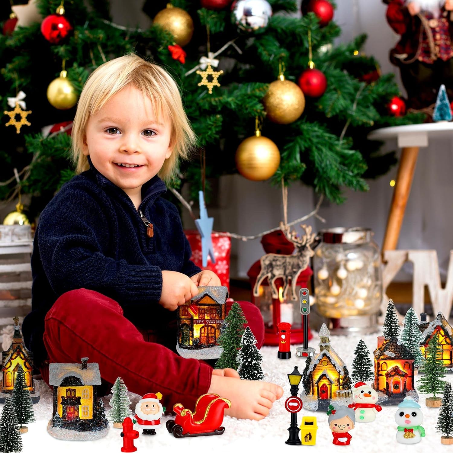 Woanger 29-Piece Christmas Village Set | LED Lighted Houses & Figurines for Holiday Decor