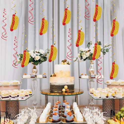 Hotdog Sign Hanging Swirl Decorations - Glitter 16 Pcs Fiesta Birthday Party Supplies - Girls Boys Birthday Party - Engagement - Wedding Streamers - Hot Dog Party Foil Swirls Ceiling Decorations