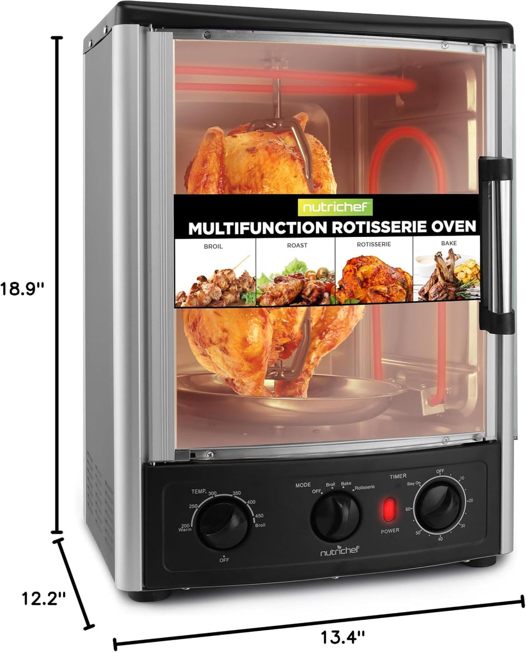 NutriChef Multi-Function Rotisserie Countertop Oven | 24 Quart Vertical Glass Door Convection Oven, for Rotisserie Roasting & Broiling | Timer & Temperature Control | 13.4 x 12.2 x 18.9