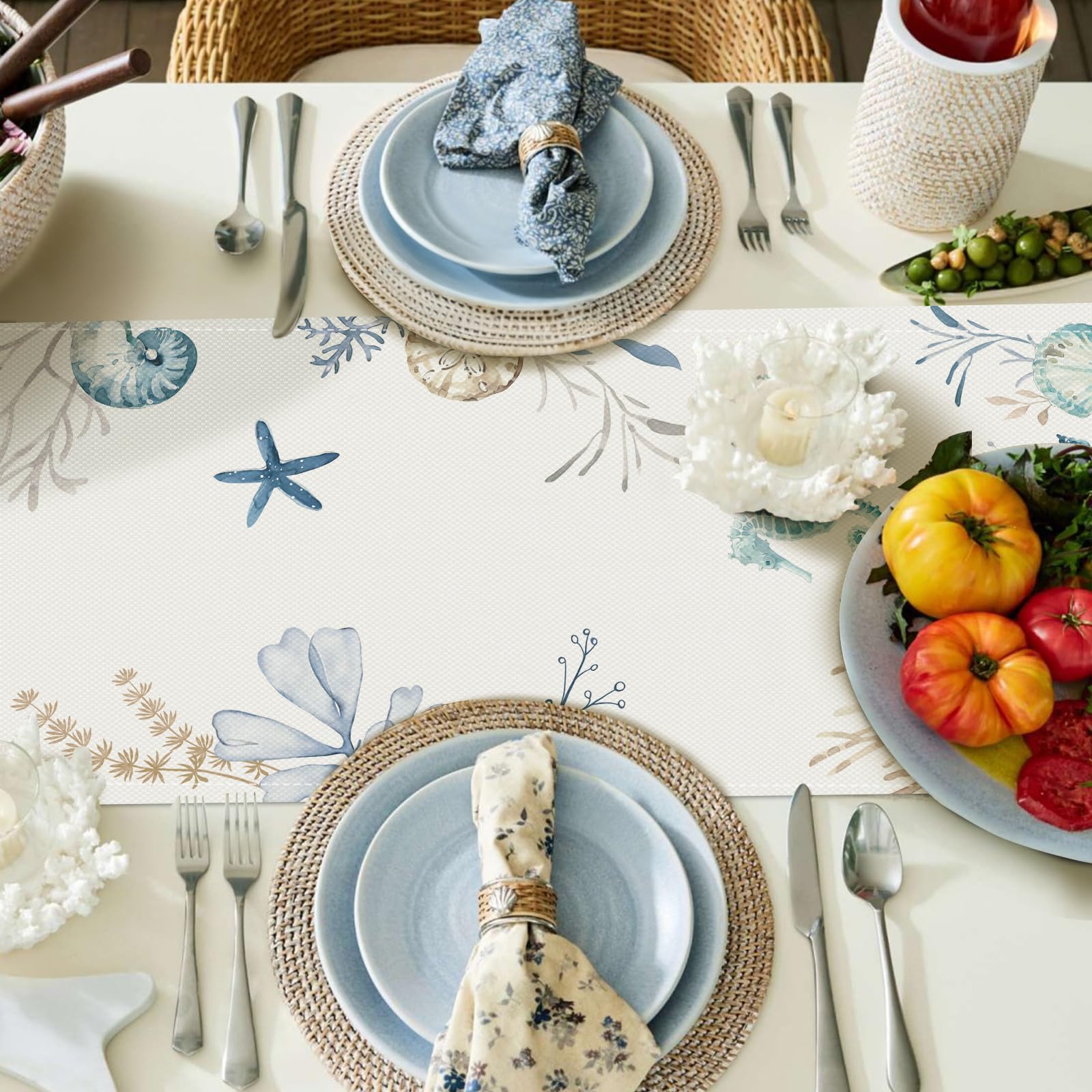 Bonhause Nautical Coastal Table Runner 13x72 Inch Ocean Beach Seahorse Starfish Seashell Summer Kitchen Dinning Table Decoration for Indoor Outdoor Home Party Decor