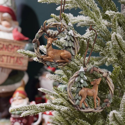 Braxio Christmas Tree Ornaments - Set of 2 Resin Woodland Deer in Wreath | Brown & Sage Green