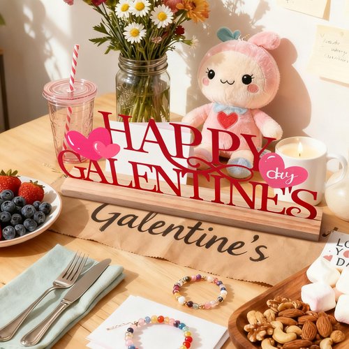 Cinnvoice Happy Galentine's Day Decorations Meta Happy Galentines Letter Table Sign Farmhouse Friendship Valentine Tabletop Decorations with Wooden Base for Holiday Mantel Home Party Supplies