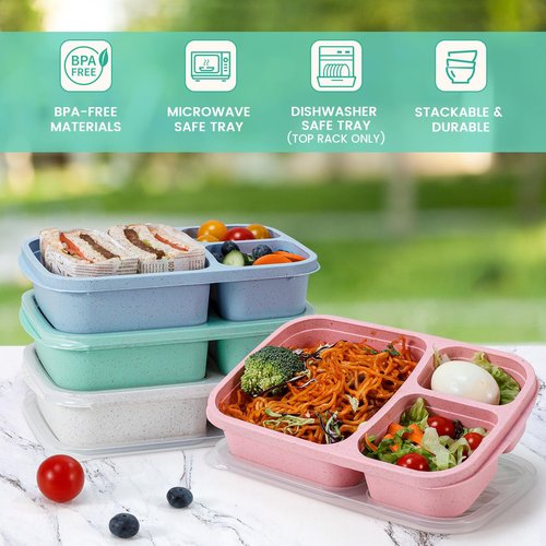 Caperci Wheat Straw Bento Lunch Box Containers for Adults & Kids - 3-Compartment Reusable Meal Prep Containers for School, Work, Travel, Set of 4 (Multicolor & Clear Lids)