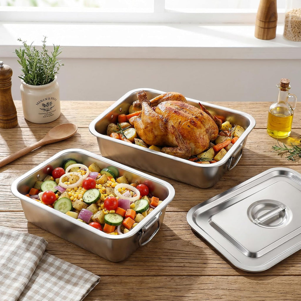 Stainless Steel Lasagna Pan by [Brand Name] - 4 Inch Extra Deep with Lid & Handles | 14x10.6 Inch Nonstick Roasting Dish