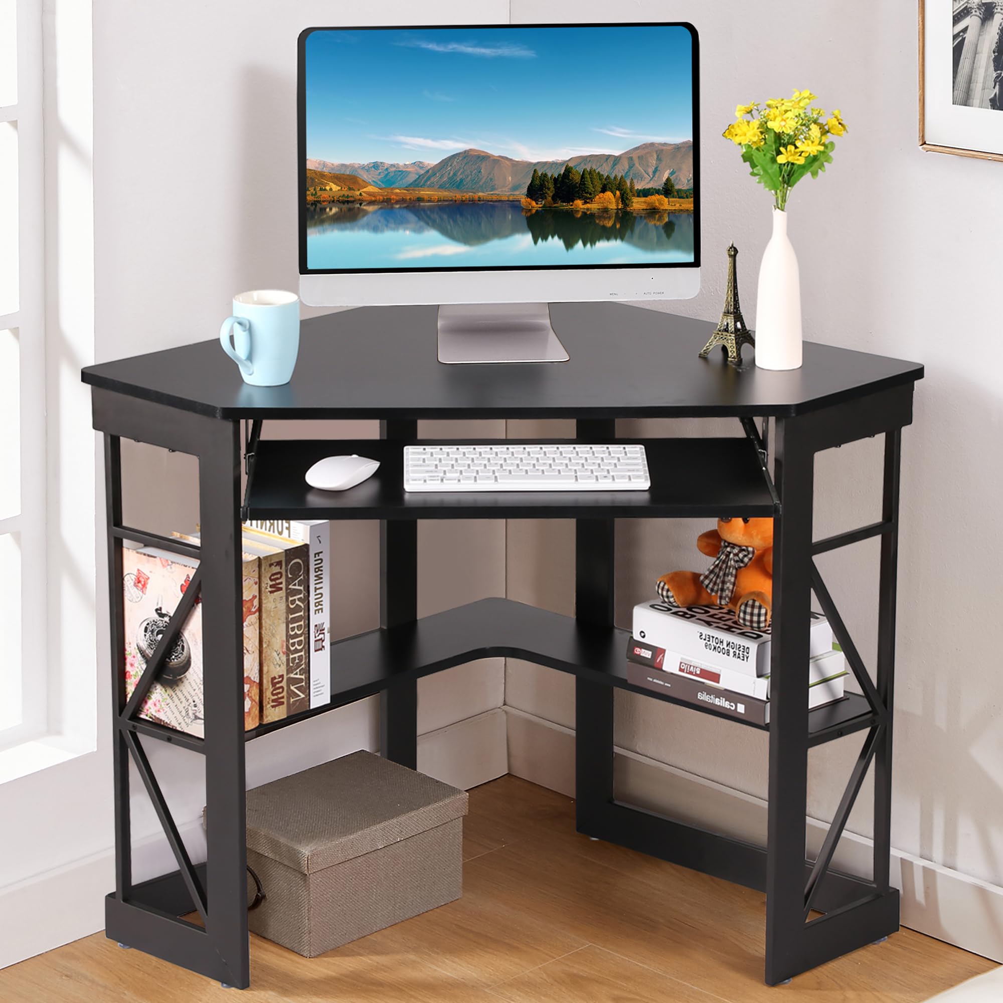 VECELO Corner Desk Computer Desk Writing Table with Smooth Keyboard Tray & Storage Shelves,Compact Home Office Triangle Table,Black