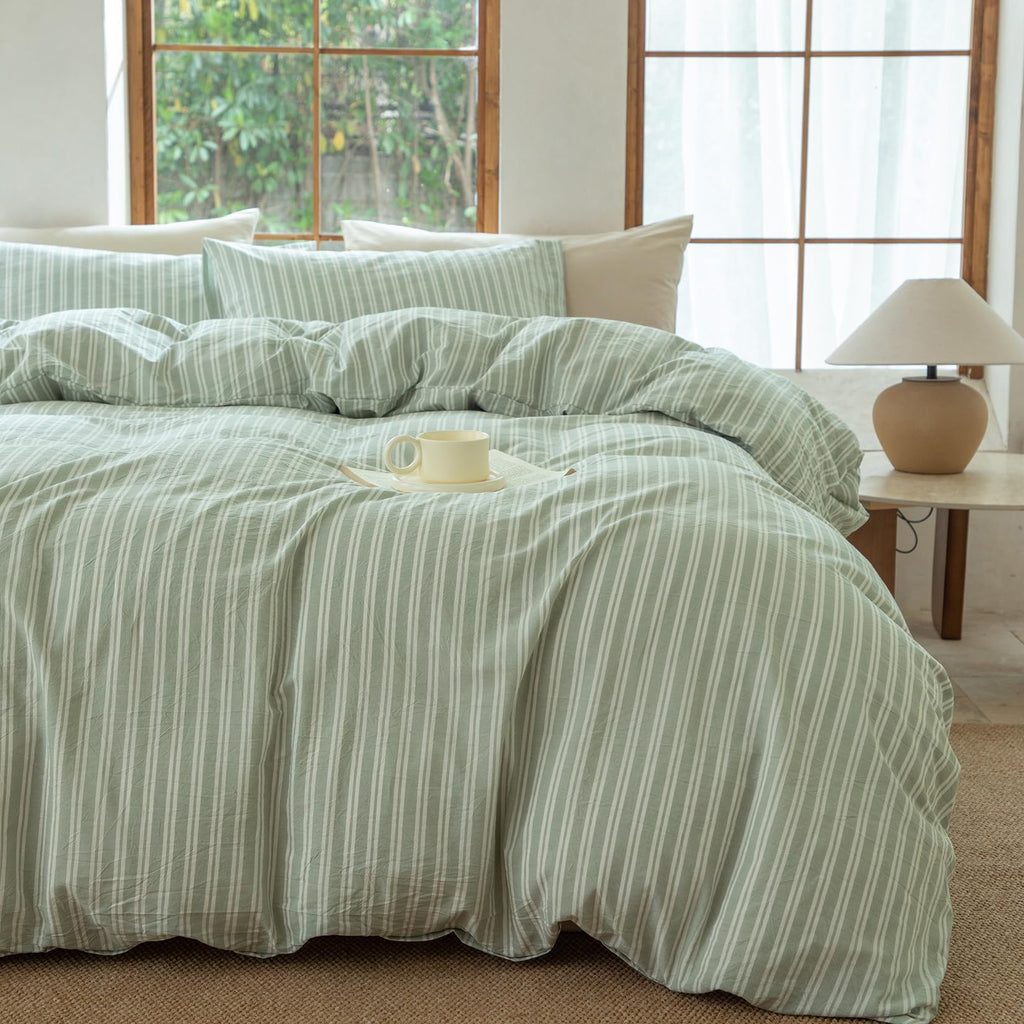 BESTDESIL Sage Green and White Striped Duvet Cover,100% Washed Cotton Breathable and Linen Like Bedding Set(Strip-Sage Green/White,Full)