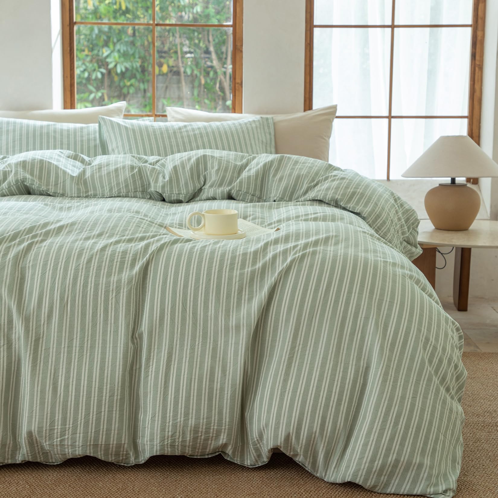 BESTDESIL Sage Green and White Striped Duvet Cover,100% Washed Cotton Breathable and Linen Like Bedding Set(Strip-Sage Green/White,Full)