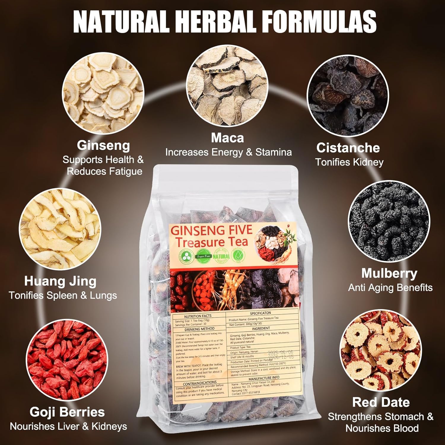 Kidney Tea 60 Bags Ginseng Six Treasure Tea Formula Traditional Chinese Herbal Kidney Cleanse Detox Repair for Women & Men