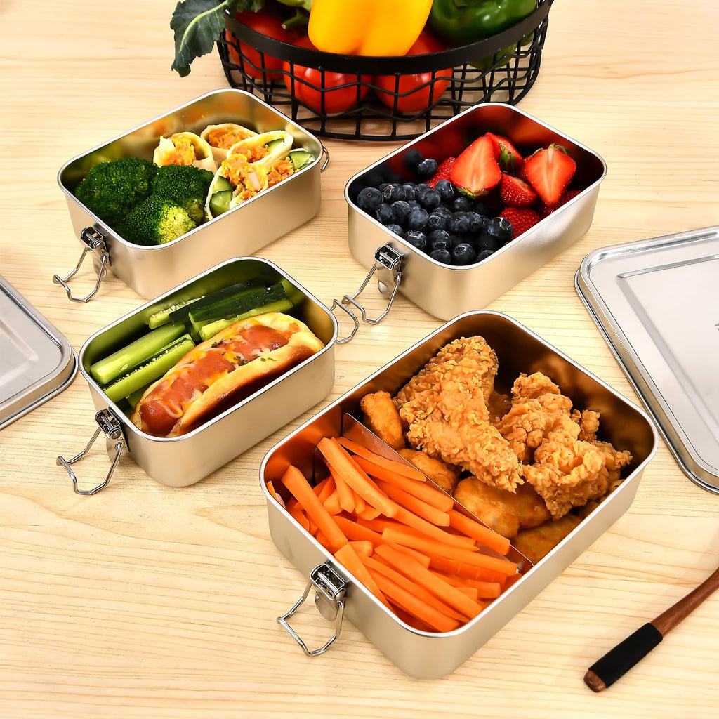 VIKCOLEE 4 PCS Stainless Steel Bento Box 4-Size, Metal Lunch Box, Food Containers, Lunch Container for Home, Work, Camping (550ml+850ml+1400ml+2400ml)