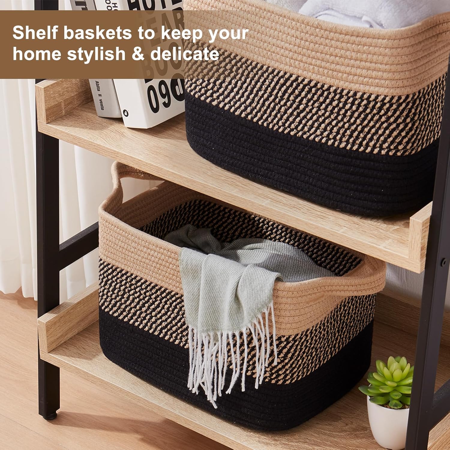 OIASKET Storage Basket - Woven Organizing Bins for Toys, Books & Nursery | Pack of 3 (Black & Brown, 13"x9.85"x8.7")