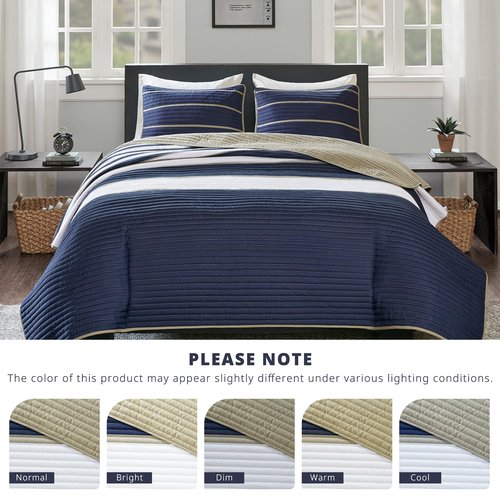 Comfort Spaces Quilt Set Trendy Casual Fun, Vibrant Color Design, Hypoallergenic All Season, Lightweight Coverlet Bedspread Cozy Kids Bedding & Sham Twin/Twin XL Verone White Blue Stripe 2 Piece