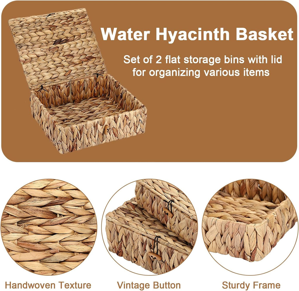Natural Water Hyacinth Baskets by [Brand Name] - Set of 2 Handwoven Storage Bins with Lids for Home Organization