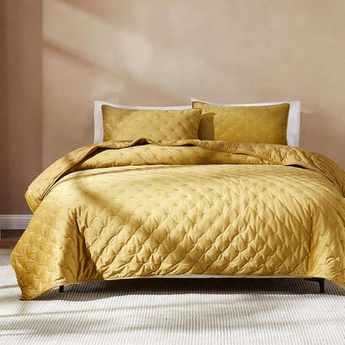 Lush Decor - Quilt Set, 3-Piece Cozy Velvet Bedding with Matching Shams, Embroidered Stitch Design (Haven Mineral Yellow, Full/Queen)