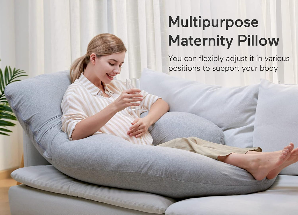 Momcozy U Shaped Pregnancy Pillow - 57 Inch Full Body Maternity Support with Removable Cotton Cover | Hatha Grey