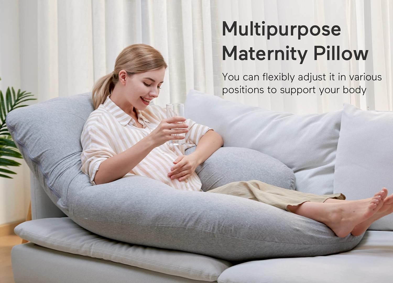 Momcozy U Shaped Pregnancy Pillow - 57 Inch Full Body Maternity Support with Removable Cotton Cover | Hatha Grey