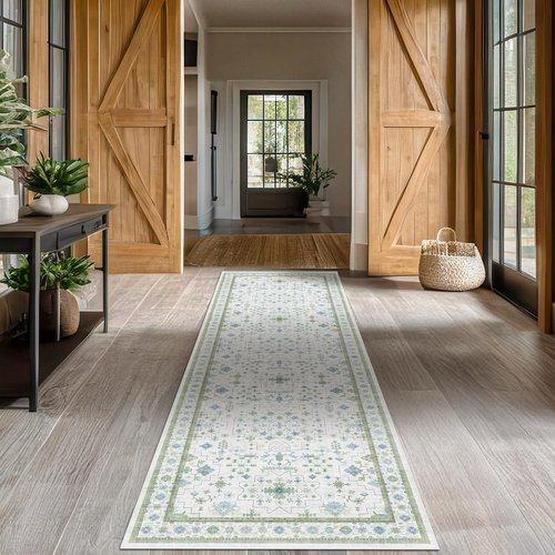 Hazo Haus Oushak 3x20 Wide Hallway Runner Rug - Vintage Turkish Floral Design | Washable, Non-Slip, 20ft Long in Blue and Green