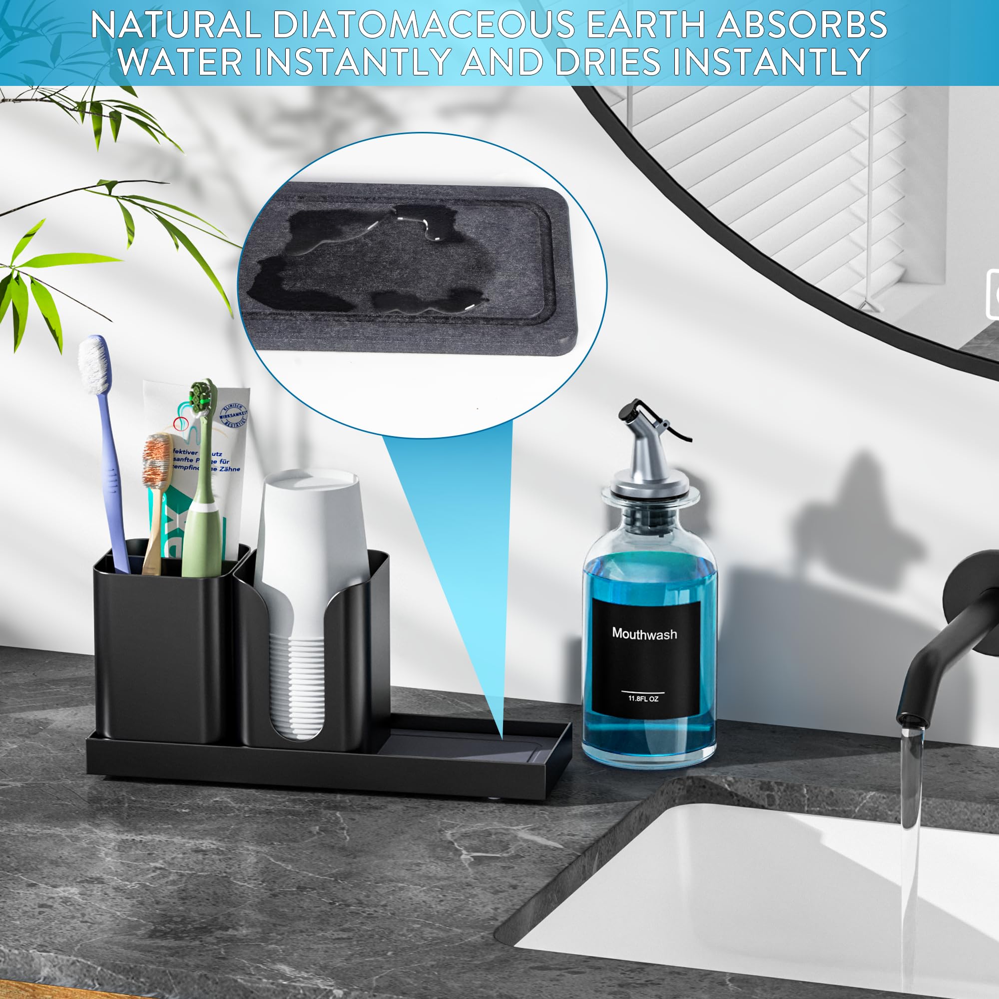 Moforoco Glass Mouthwash Dispenser with Toothbrush Holders, 11.8Oz Mouth Wash Bottle Container with Cup Holder, Funnel, Labels, and Drying Stone Tray, Bathroom Decor Accessories Set, Black