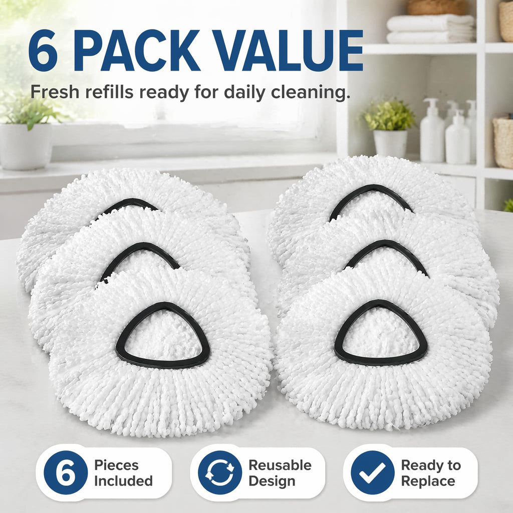 6 Pack Microfiber Spin Mop Replacement Heads Compatible with O-Cedar Triangle Spin Mop, Washable Reusable Mop Refills, Highly Absorbent Replacement Mop Heads for Hardwood, Vinyl & Laminate Floors