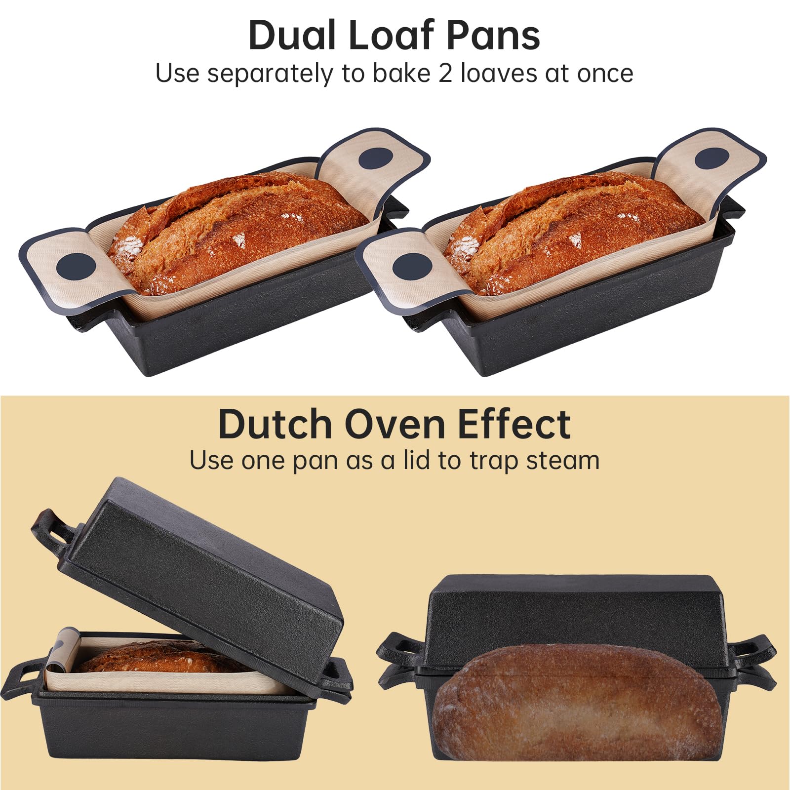 NiHome Cast Iron Bread Pan Set with Lid, 2 Loaf Pans + 2 Silicone Mats + Bread Lame, Heavy-Duty Cast Iron for Even Heat & Crisp Crust, Dual-Pan Design for Covered or Open Baking, Dishwasher-Safe Mats