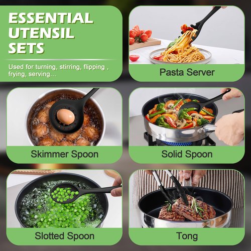 Silicone Cooking Utensil Set, Homikit 15pcs Kitchen Utensils with Holder for Nonstick Cookware, Heat Resistant Nontoxic Silicone Spatula Set Dishwasher Safe Kitchen Tools for Baking-Black