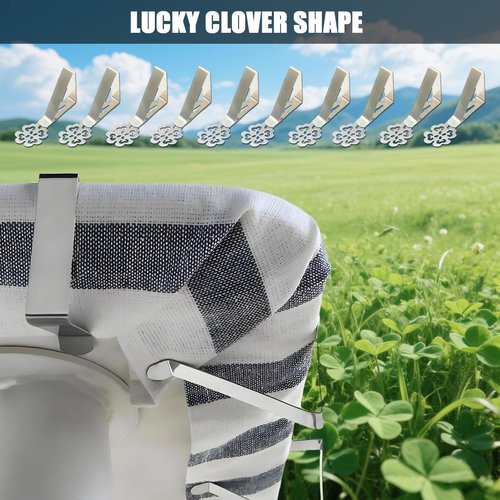 Tablecloth Clips for Outdoor Thick Tables 10 Pack, Lucky Clover Picnic Table Cloth Holder Clip Indoor, Heavy Duty Stainless Steel Cover Clamp for Party Wedding Home Restaurant Camping Accessories